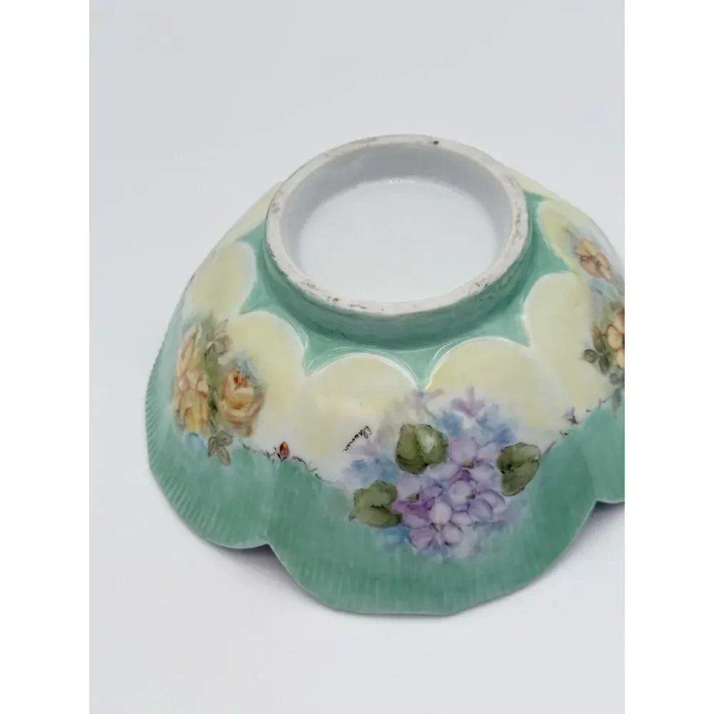 Vintage Hand Painted Floral Porcelain Scalloped Bowl Artist Signed 8 Inch